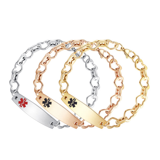 Heart Medical Alert Bracelets for Women Stainless Steel Heart Link Medical bracelets with Free custom engraving