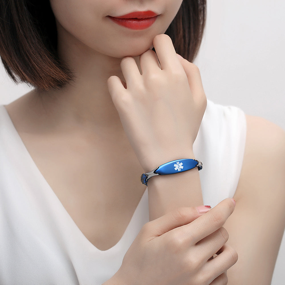 LinnaLove Fashion Shiny medical alert bracelet with Free Engraving Stainless steel Medical id bracelet for Women
