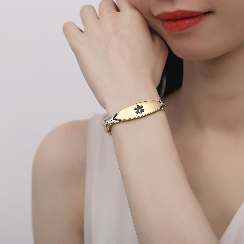 Stainless Steel Fashion Medical Id Bracelet For Women with pre-engraving medical conditions