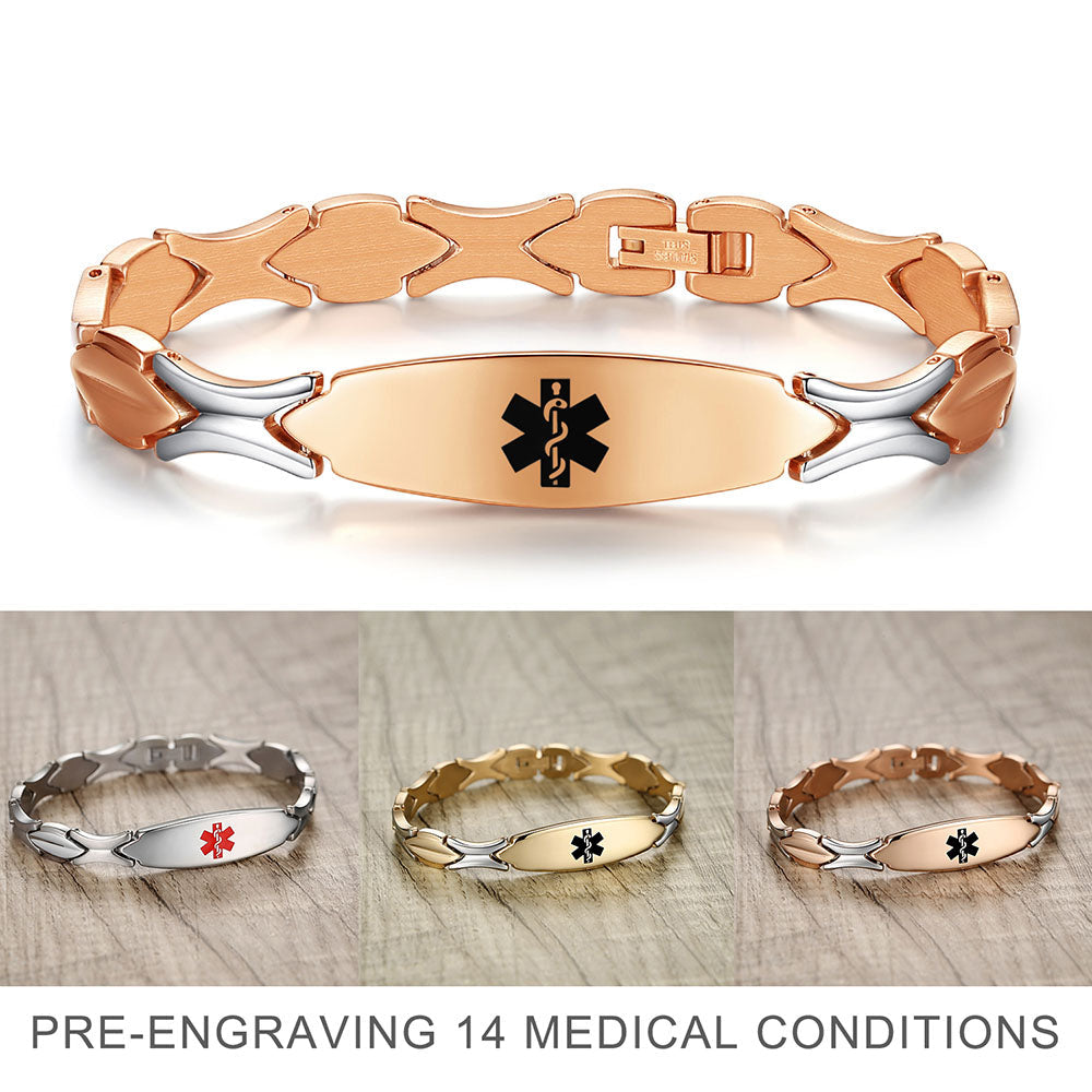 LinnaLove Personalized Medical Alert Bracelets for Women Fashion Stainless Steel Emergency Medical Bracelets w/Free Engraving (7.5)