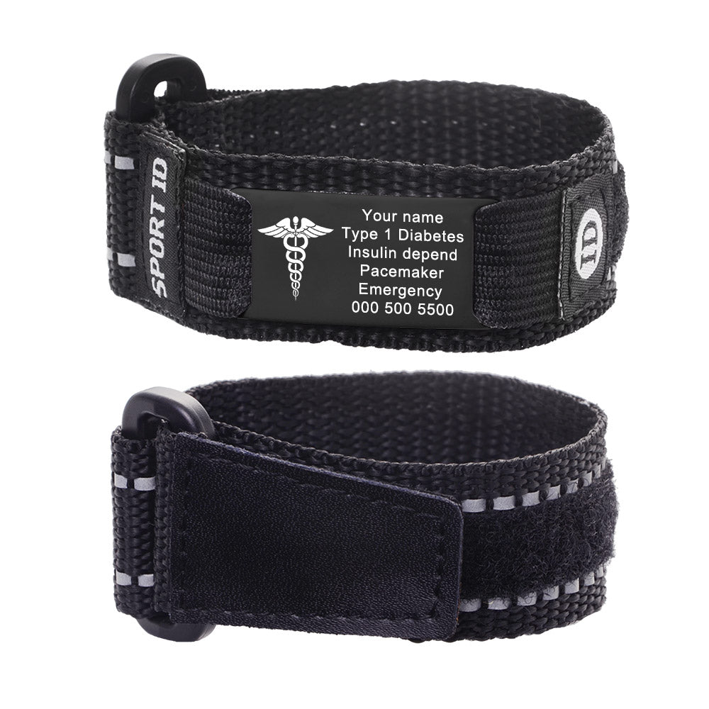 Sport Nylon Medical Alert Bracelets Stainless Steel id Plate with Reflective Strip Adjustable Lengths 6.5-7.5 inches