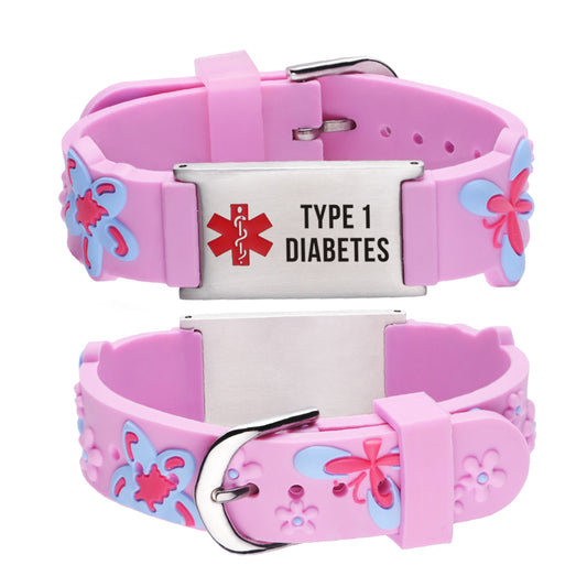 Type 1 Diabetes Bracelet for Girls-Pink butterfly