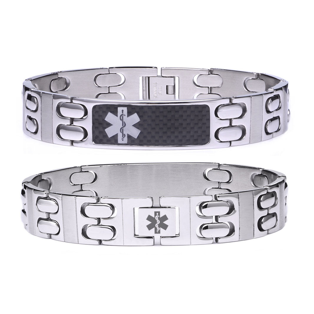 Warriors Stainless Steel Carbon Fiber Medical id Bracelet for Men-Free Engraving