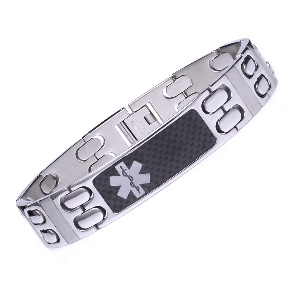Warriors Stainless Steel Carbon Fiber Medical id Bracelet for Men-Free Engraving
