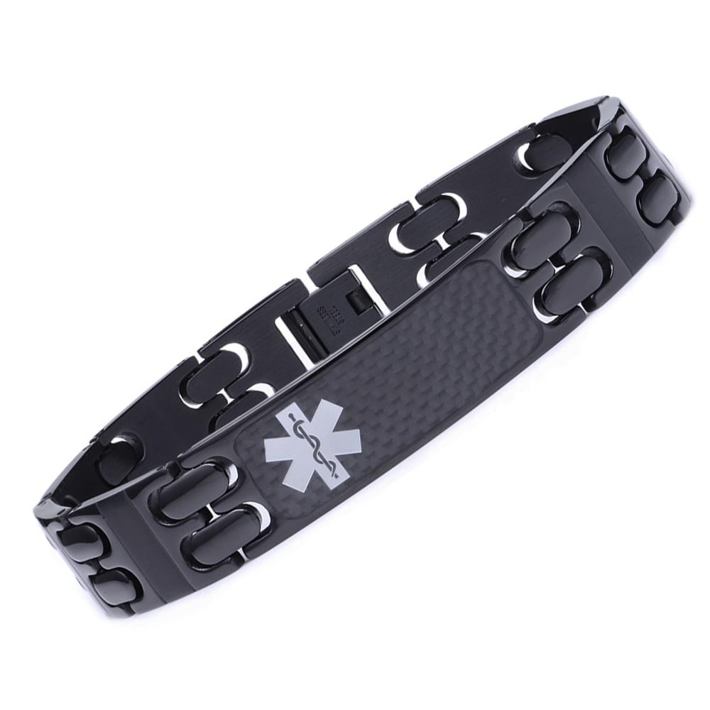 Warriors Stainless Steel Carbon Fiber Medical id Bracelet for Men-Free Engraving
