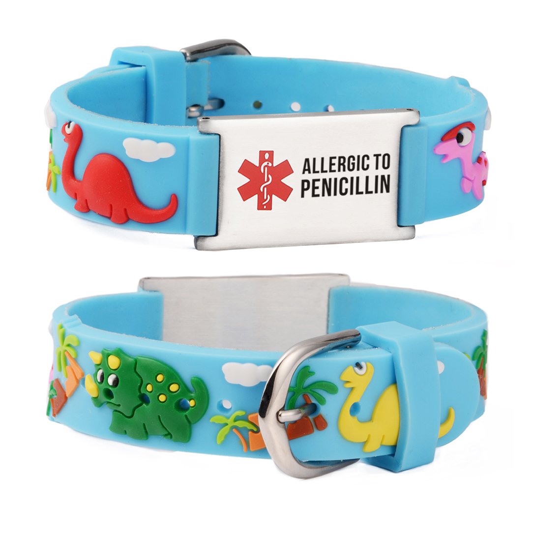 Allergic to Penicillin Alert Bracelet for kids-Blue dinosa