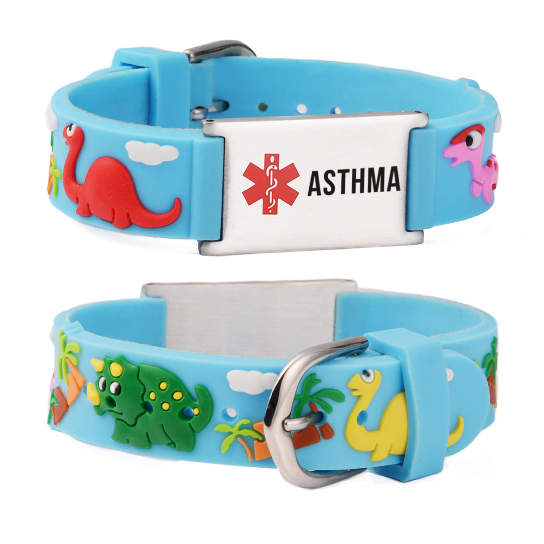 LinnaLove Cartoon blue dinosaur Medical Alert id Bracelets for boy & Girls,Kids for diabetets,seizures,allergy