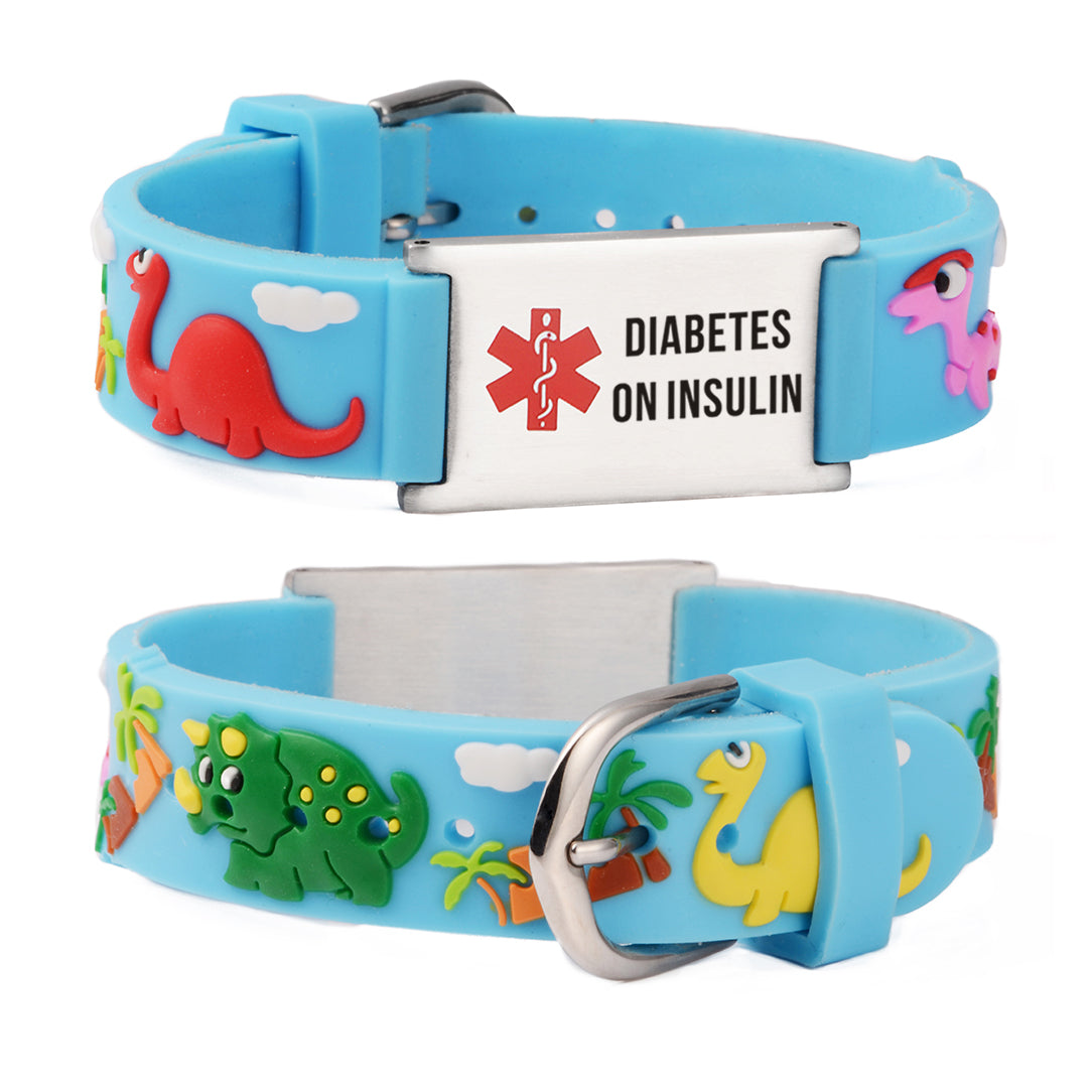 LinnaLove Cartoon blue dinosaur Medical Alert id Bracelets for boy & Girls,Kids for diabetets,seizures,allergy