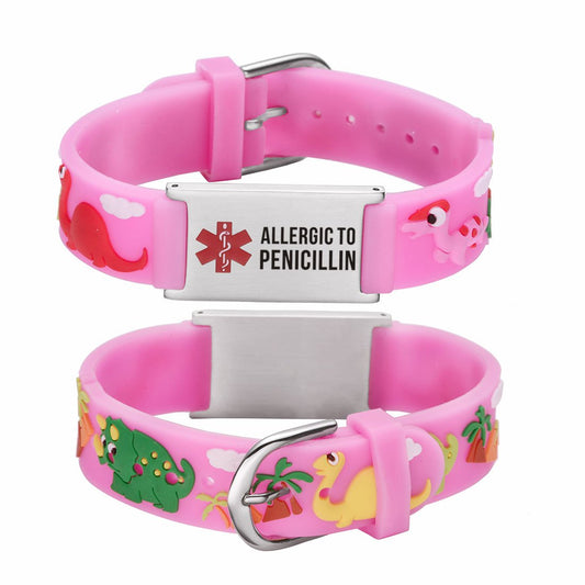 Allergic to Penicillin Alert Bracelet for kids-Pink dinosa