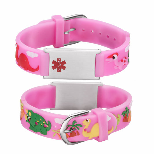 Custom engraving Medical Alert Bracelet for kids-Pink dinosa