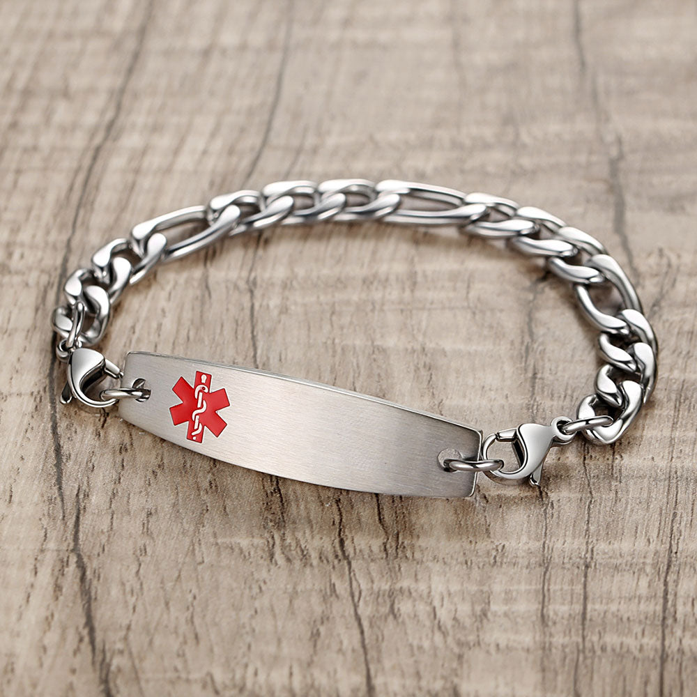 Figaro Chain Interchangeable Medical id Bracelets with Pre-Engraving medical conditions