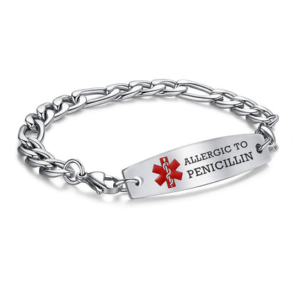 Figaro Chain Interchangeable Medical id Bracelets with Pre-Engraving medical conditions