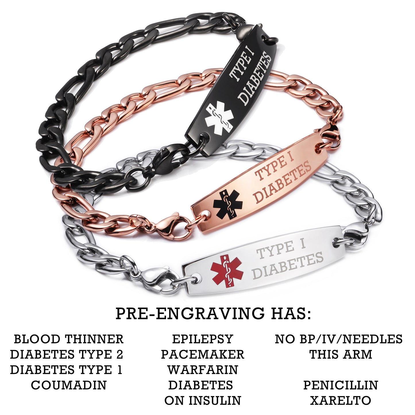 Figaro Chain Interchangeable Medical id Bracelets with Pre-Engraving medical conditions