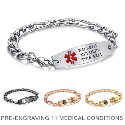 Figaro Chain Interchangeable Medical id Bracelets with Pre-Engraving medical conditions