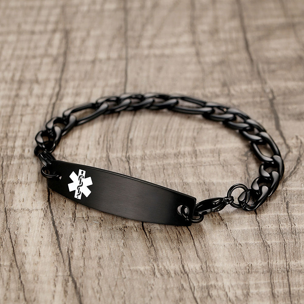 Figaro Chain Interchangeable Medical id Bracelets with Pre-Engraving medical conditions