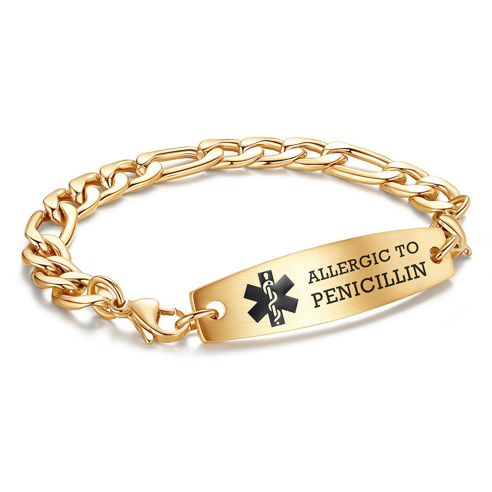 Figaro Chain Interchangeable Medical id Bracelets with Pre-Engraving medical conditions