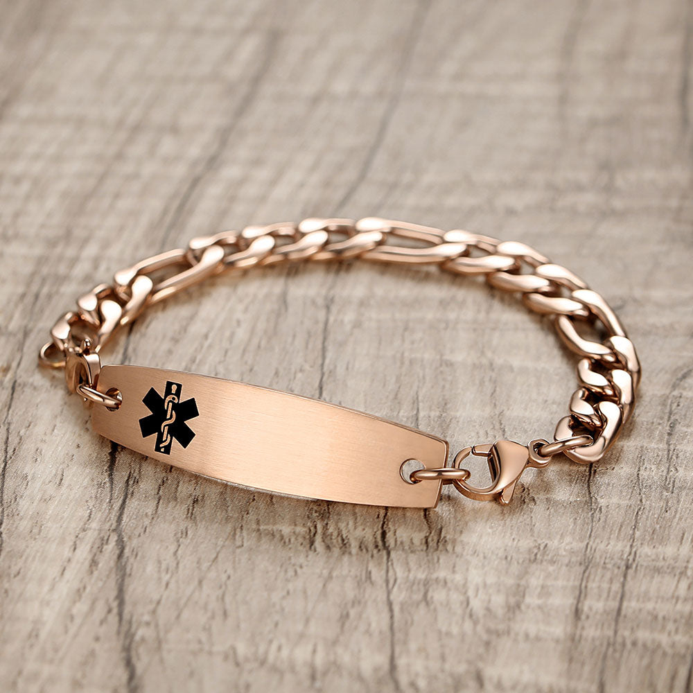 Figaro Chain Interchangeable Medical id Bracelets with Pre-Engraving medical conditions