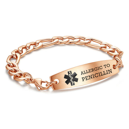 Figaro Chain Interchangeable Medical id Bracelets with Pre-Engraving medical conditions