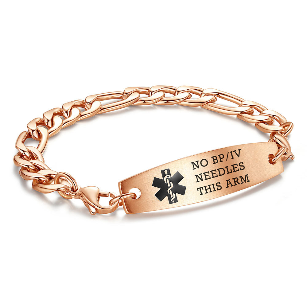 Figaro Chain Interchangeable Medical id Bracelets with Pre-Engraving medical conditions