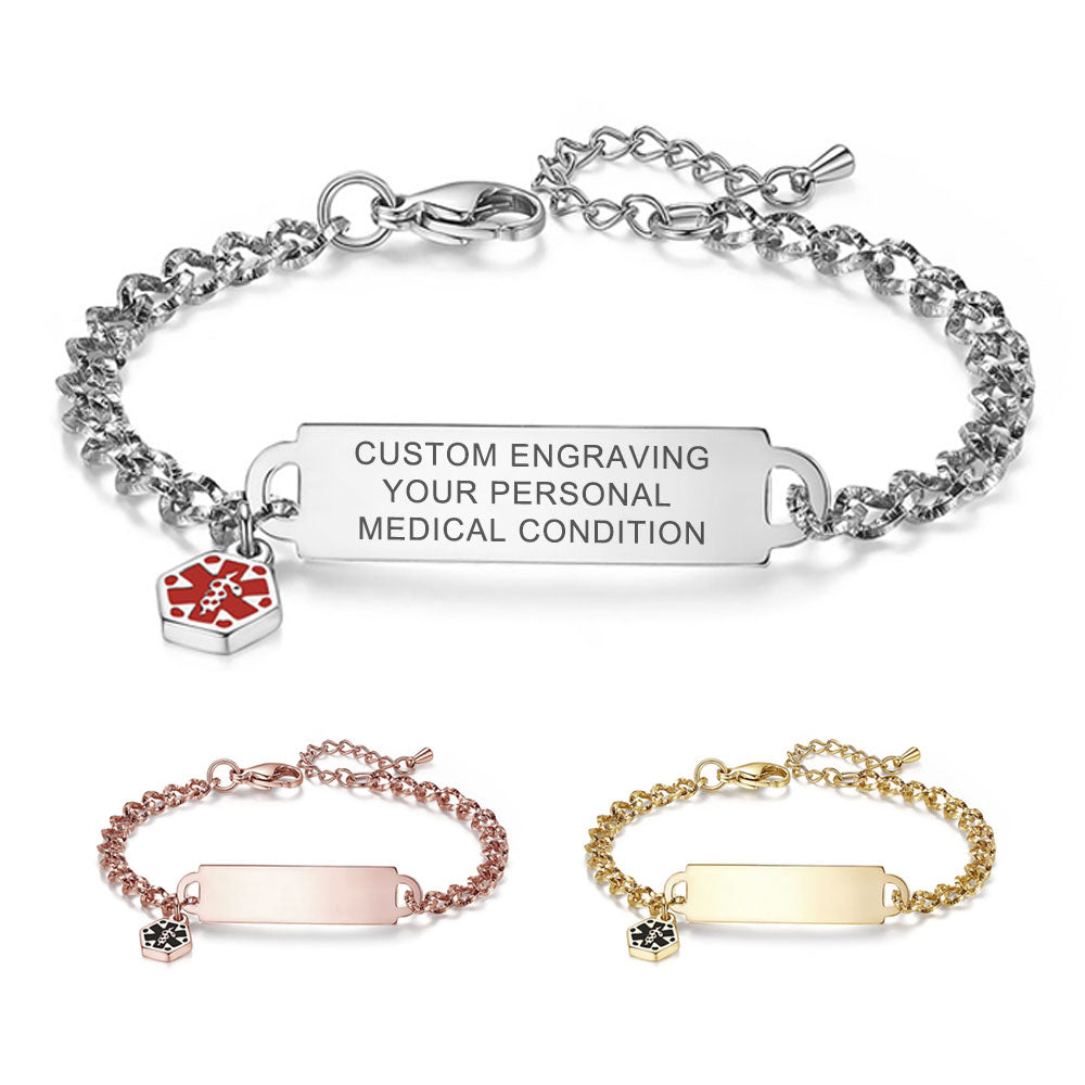 SHINING DIAMOND CUTTING MEDICAL ALERT ID BRACELET FOR WOMEN