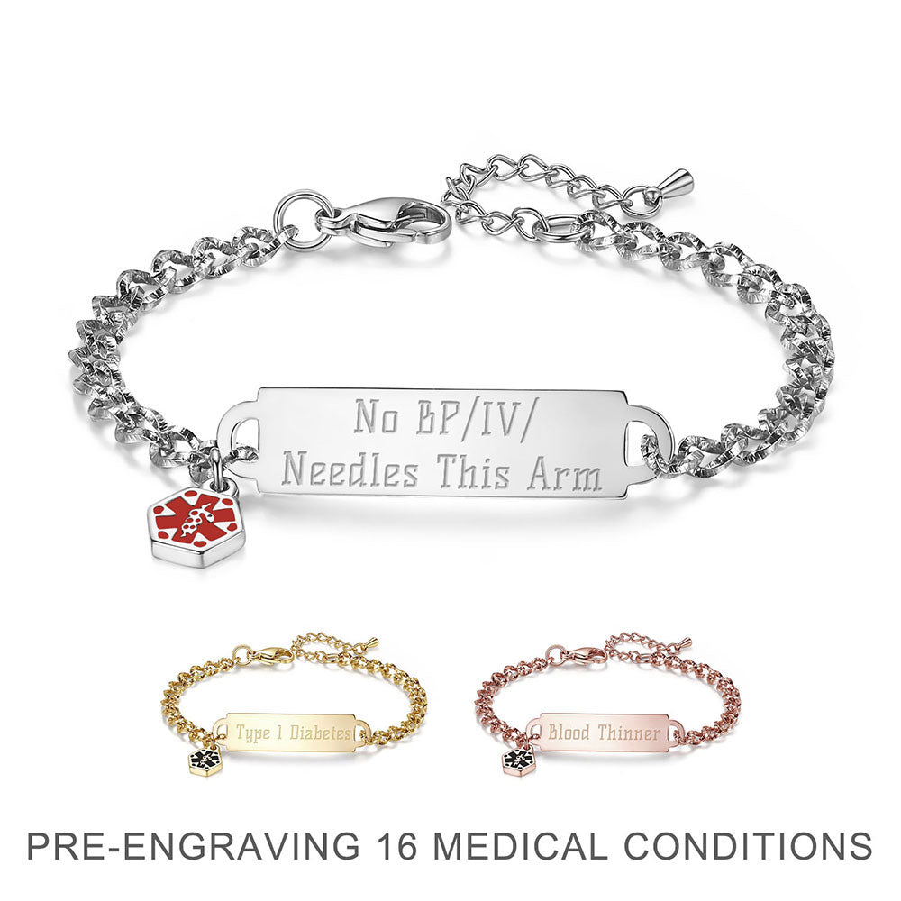 Shining Diamond Cutting Medical Alert id Bracelet for Women & Girls