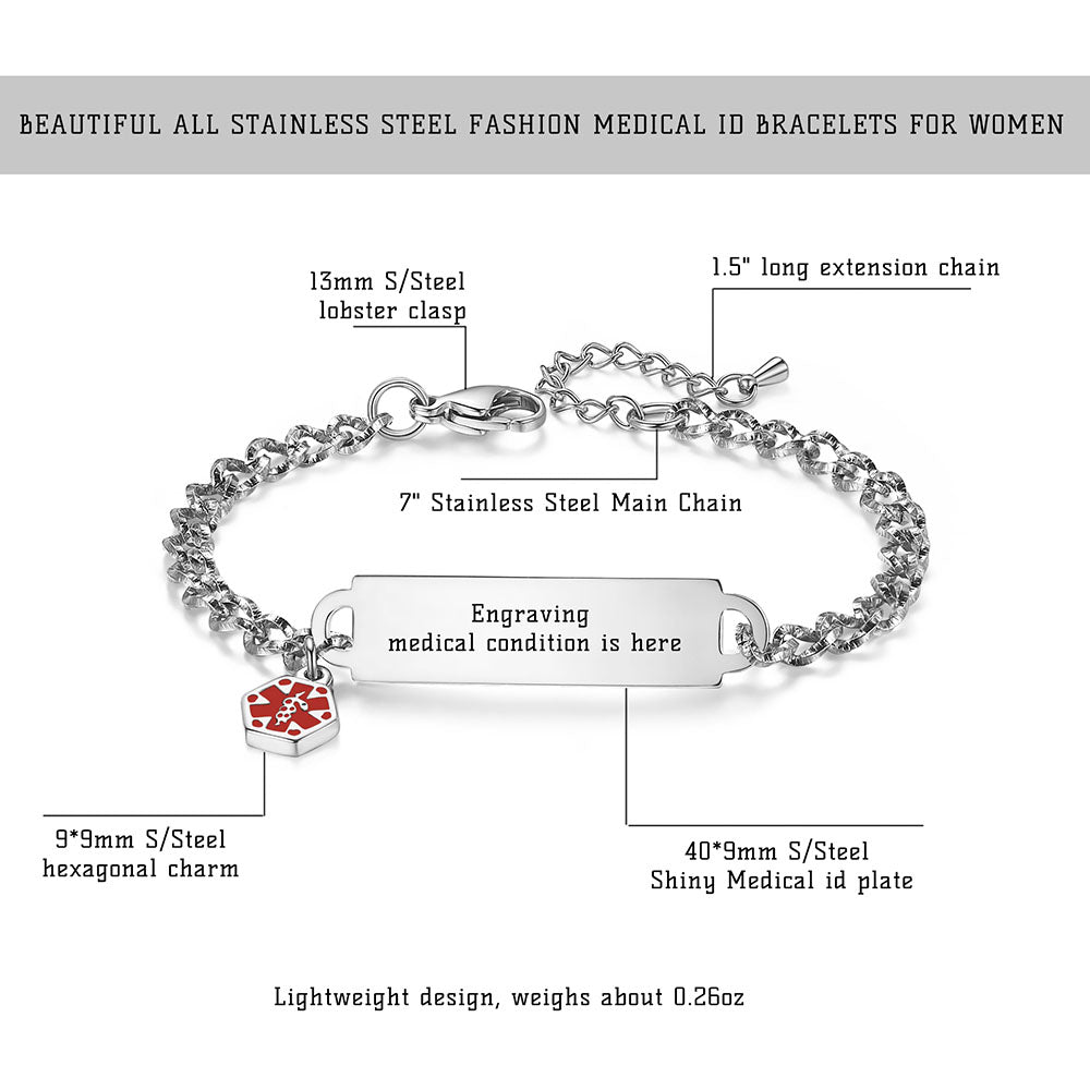 SHINING DIAMOND CUTTING MEDICAL ALERT ID BRACELET FOR WOMEN