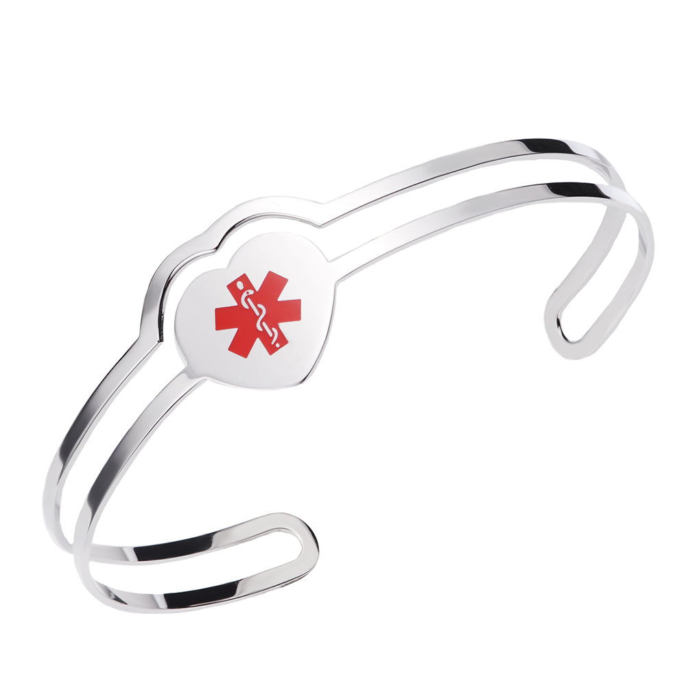Fashionable Shiny Heart Medical Alert id Cuff Bracelet for Women and Girls