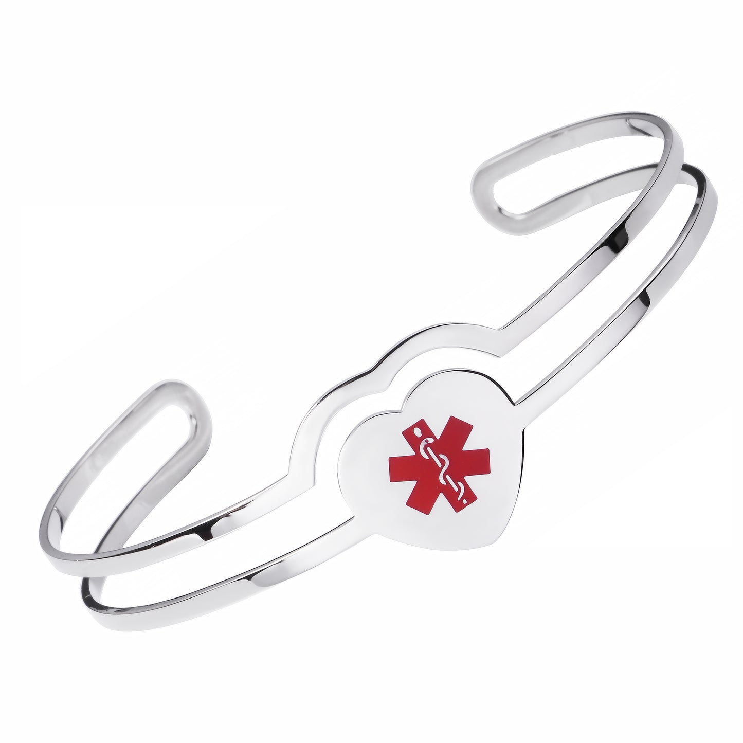 Fashionable Shiny Heart Medical Alert id Cuff Bracelet for Women and Girls