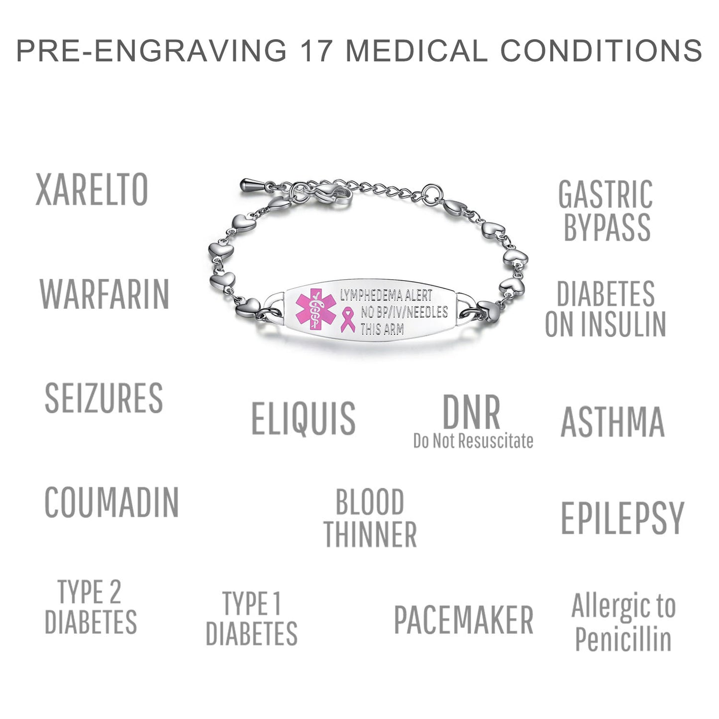 Fashion Heart Chain Medical Alert id Bracelet for Women & Girl