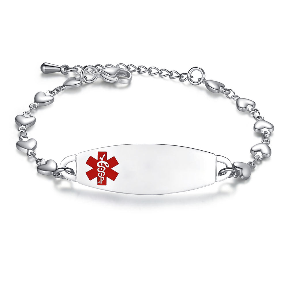 Fashion Heart Chain Medical Alert id Bracelet for Women & Girl