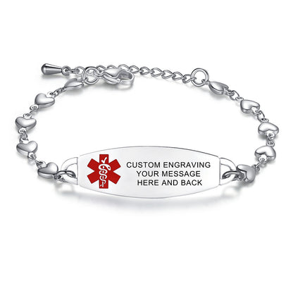 Fashion Heart Chain Medical Alert id Bracelet for Women & Girl