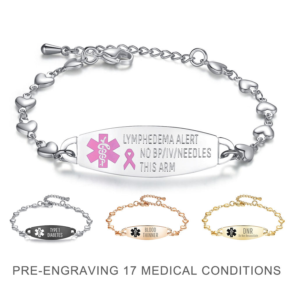 LinnaLove Heart Medical Alert Bracelet for Women Fashion Medical ID Jewelry 6.5-8 inches