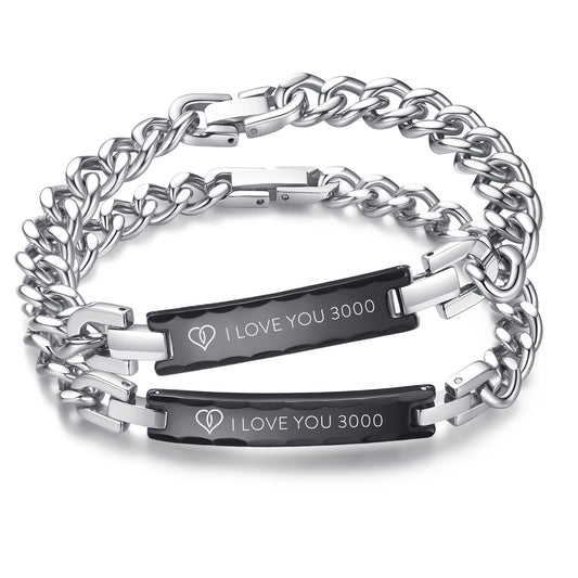 I love you 3000 Couples Bracelets His and Hers Black Stainless Steel ID for Matching Relationship Bracelets for Couples