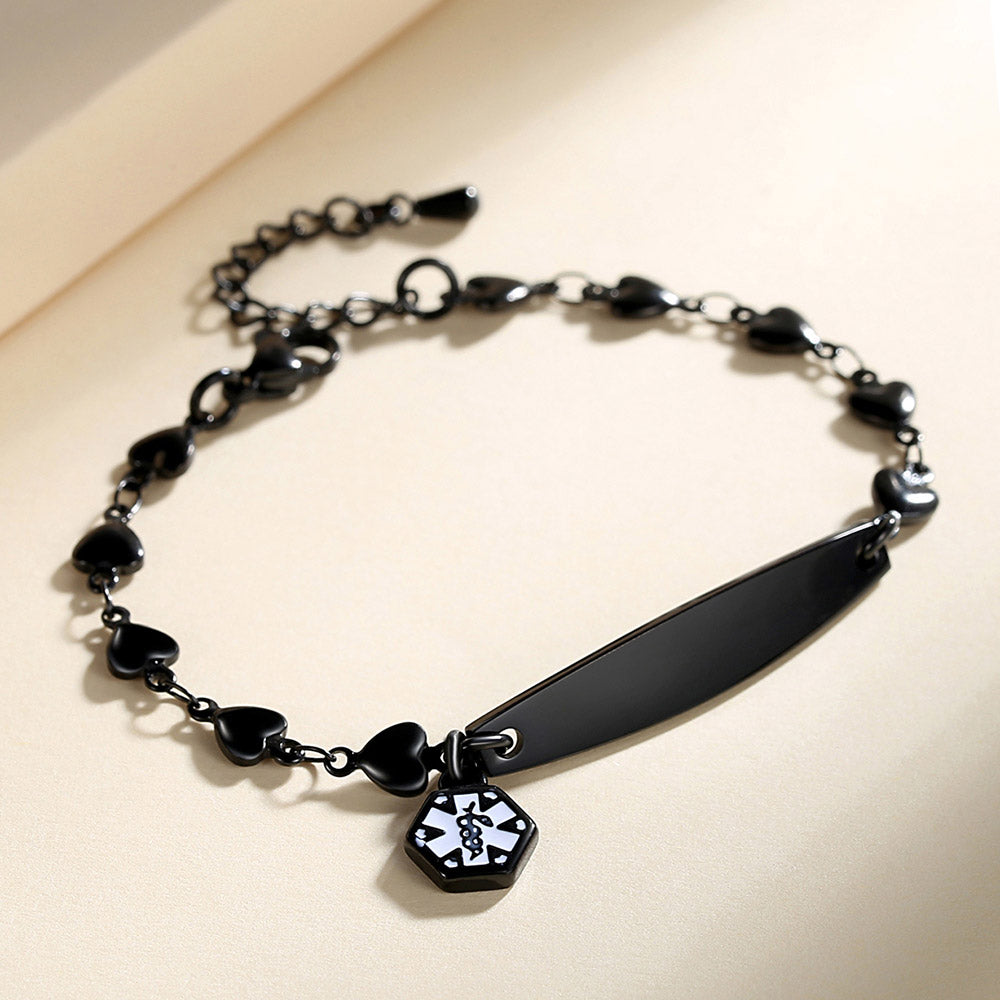 Fashion Medical Alert ID Bracelet for Women with heart chain and Free Engraving