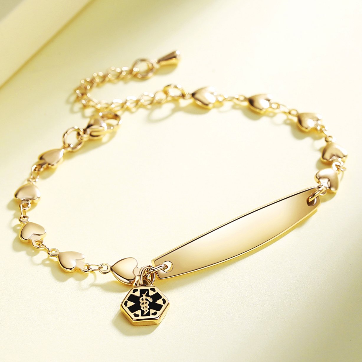 Fashion Medical Alert ID Bracelet for Women with heart chain and Free Engraving