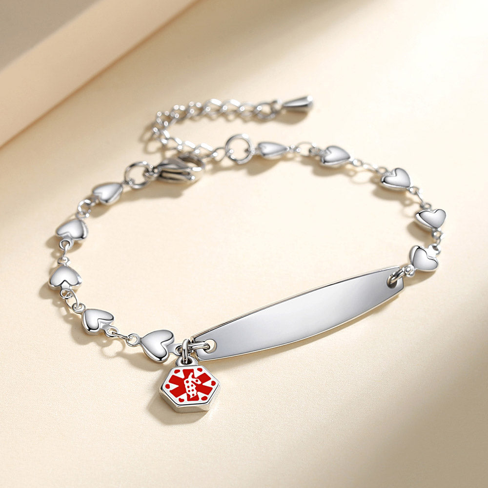 Fashion Medical Alert ID Bracelet for Women with heart chain and Free Engraving