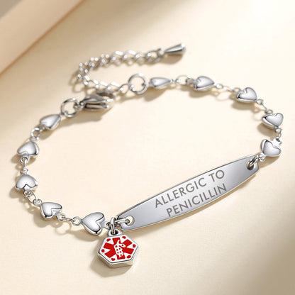 Fashion Heart Chian Medical Alert ID Bracelet for Women with pre-engraving medical conditions