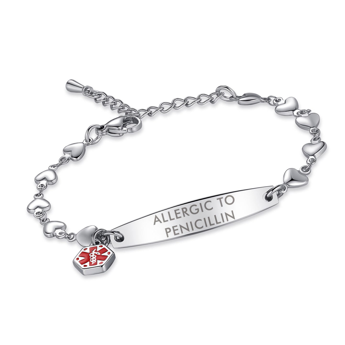 Fashion Heart Chian Medical Alert ID Bracelet for Women with pre-engraving medical conditions