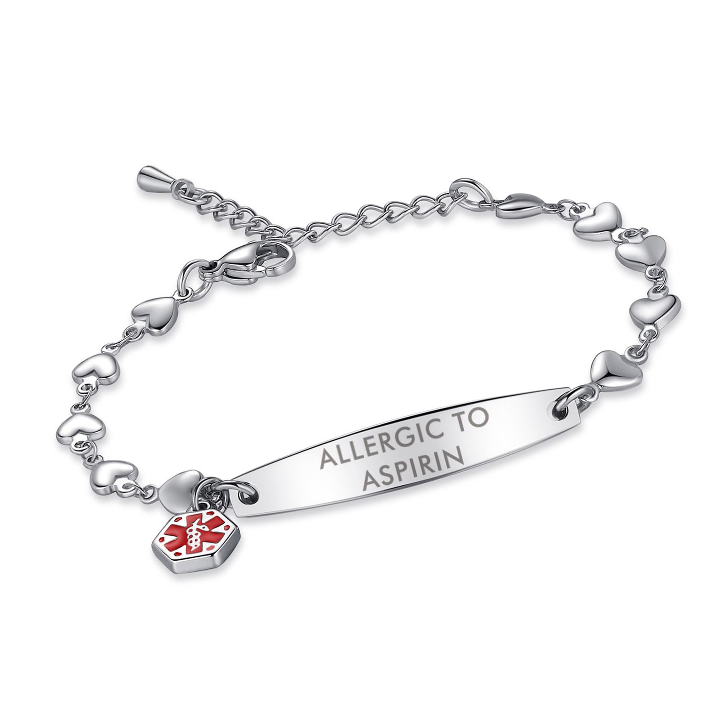 Fashion Heart Chian Medical Alert ID Bracelet for Women with pre-engraving medical conditions