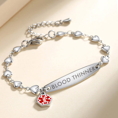 Fashion Heart Chian Medical Alert ID Bracelet for Women with pre-engraving medical conditions