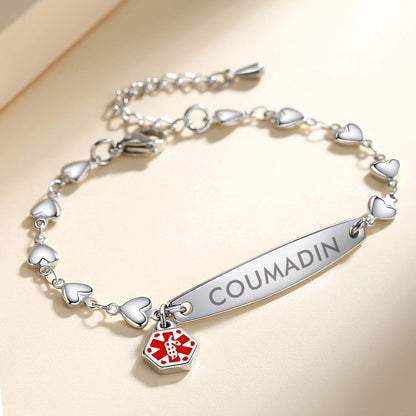 Fashion Heart Chian Medical Alert ID Bracelet for Women with pre-engraving medical conditions