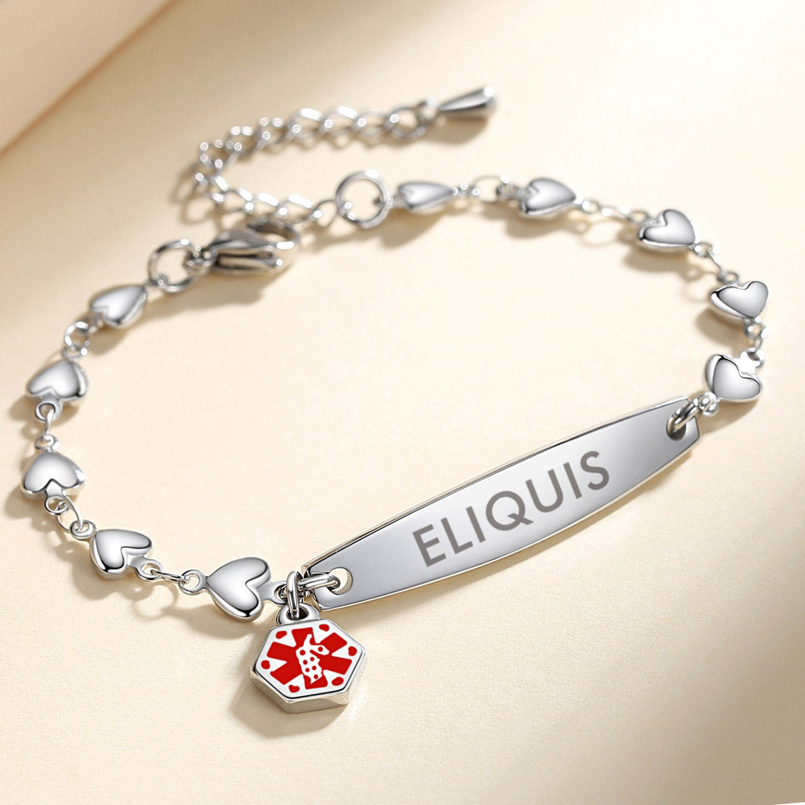 Fashion Heart Chian Medical Alert ID Bracelet for Women with pre-engraving medical conditions