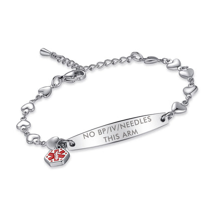 Fashion Heart Chian Medical Alert ID Bracelet for Women with pre-engraving medical conditions