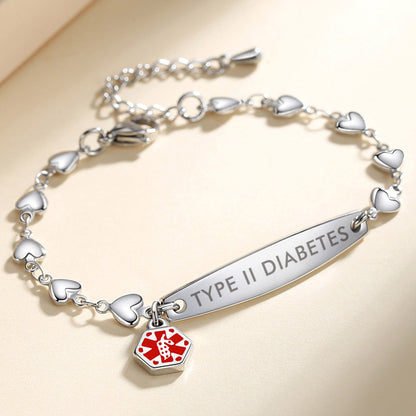 Fashion Heart Chian Medical Alert ID Bracelet for Women with pre-engraving medical conditions