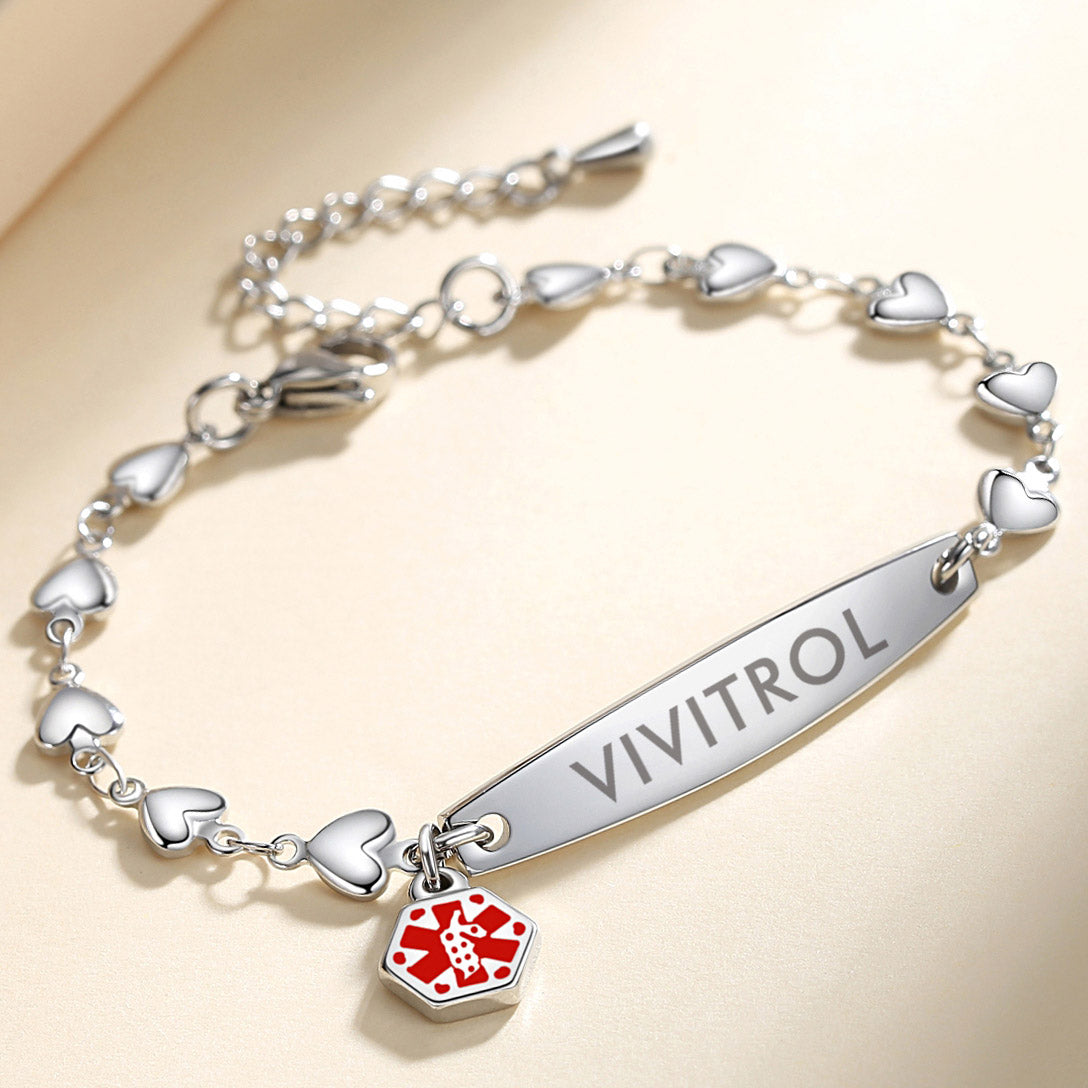 Fashion Heart Chian Medical Alert ID Bracelet for Women with pre-engraving medical conditions