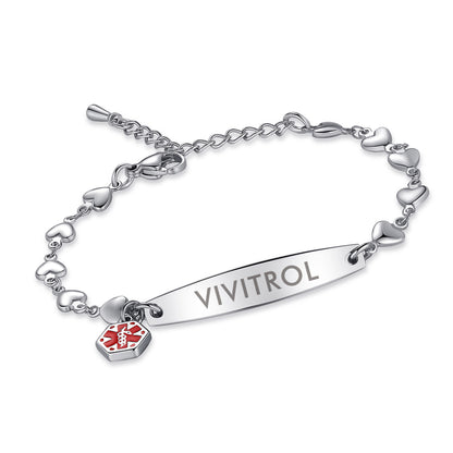 Fashion Heart Chian Medical Alert ID Bracelet for Women with pre-engraving medical conditions