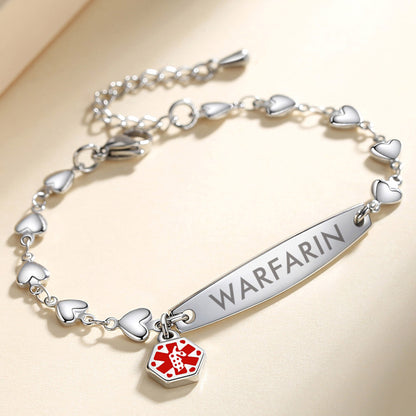 Fashion Heart Chian Medical Alert ID Bracelet for Women with pre-engraving medical conditions