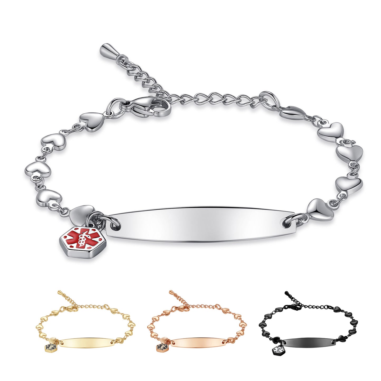 Fashion Medical Alert ID Bracelet for Women with heart chain and Free Engraving