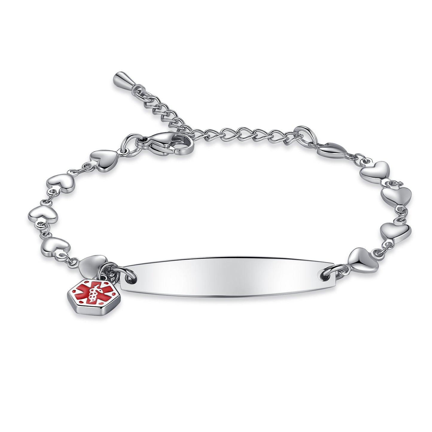 Fashion Medical Alert ID Bracelet for Women with heart chain and Free Engraving