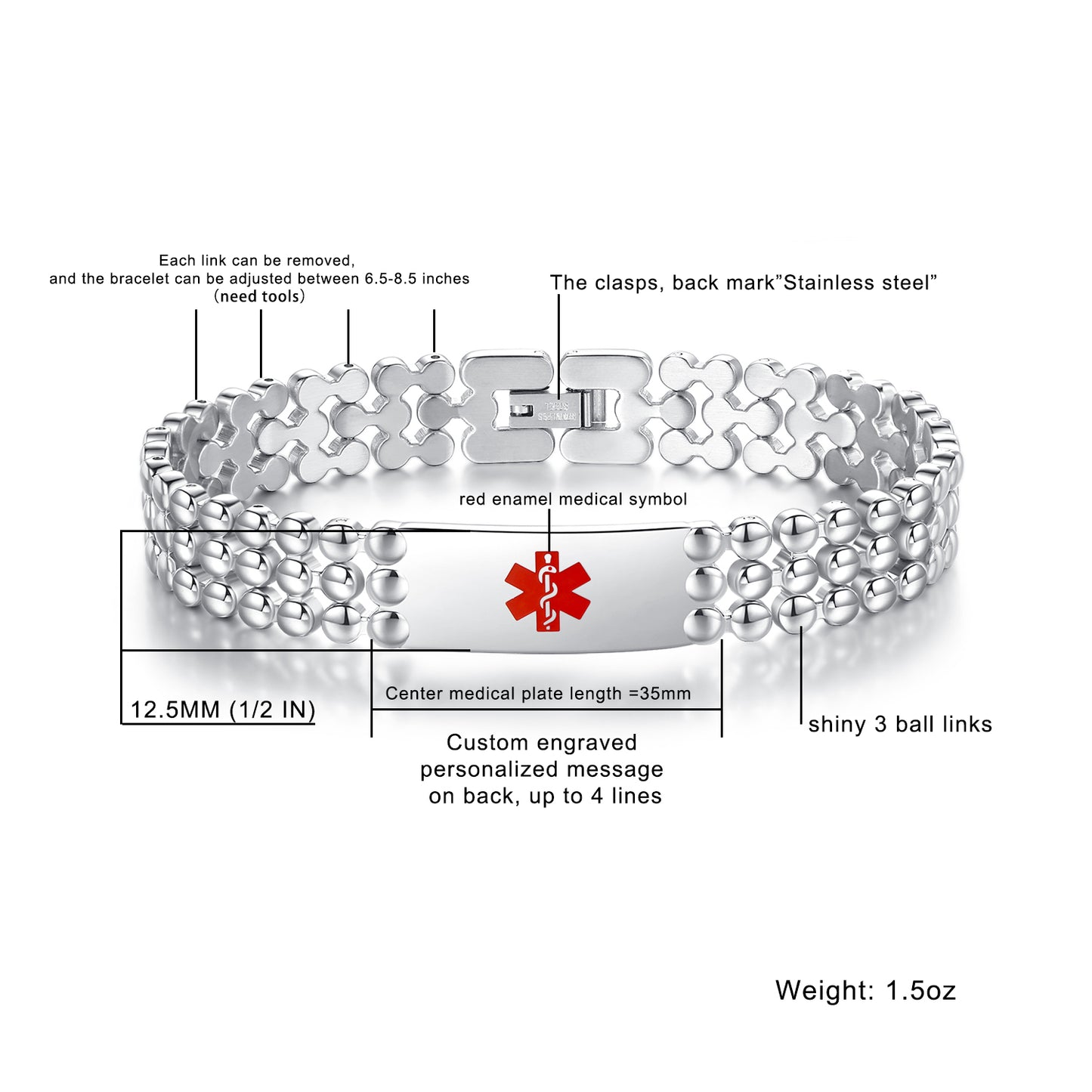 Dumbbell Stainless Steel Emergency Medical ID Bracelets for Men